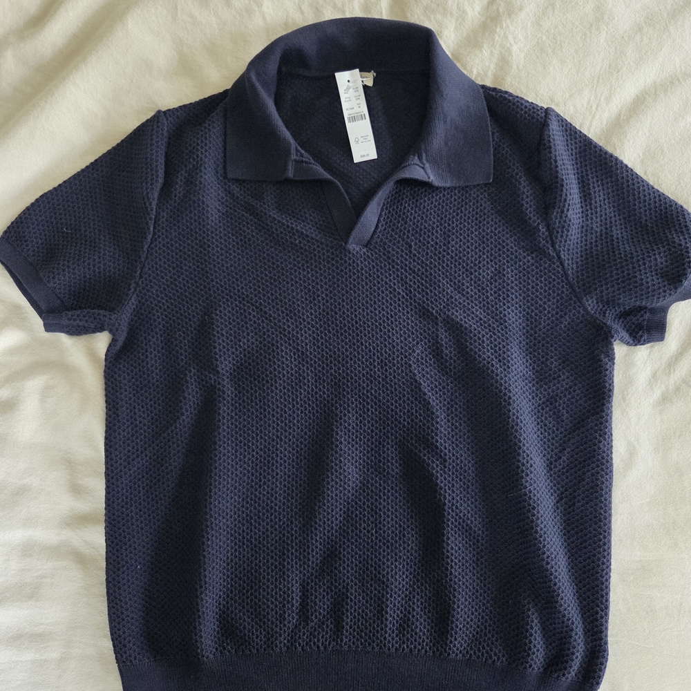 Navy J. Crew Short-sleeve textured-stitch cotton johnny-collar sweater-polo